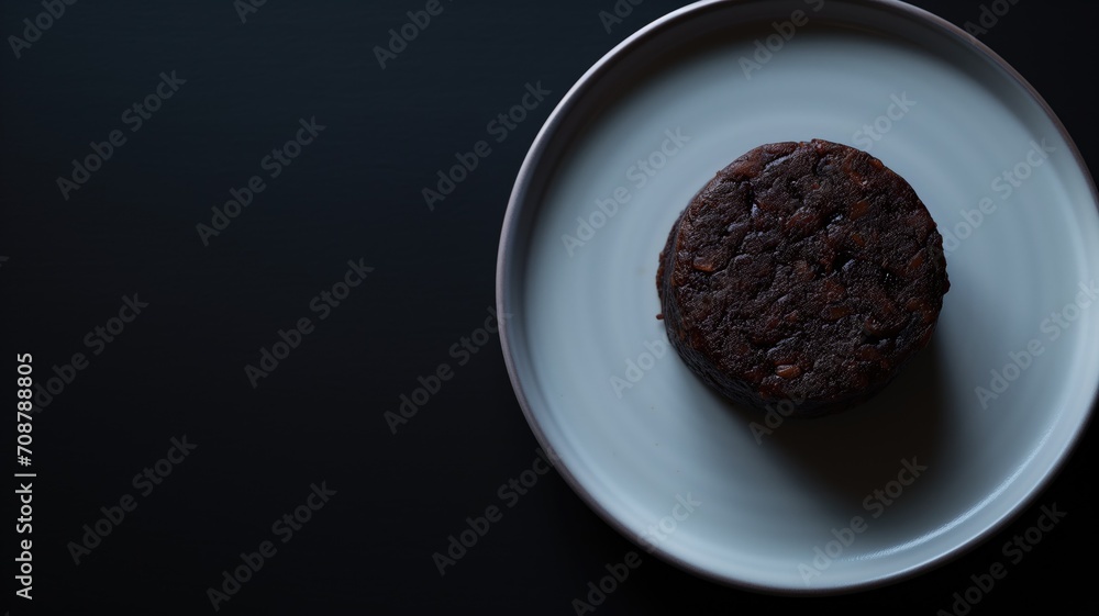 Top view of black pudding on a white plate, dark setting