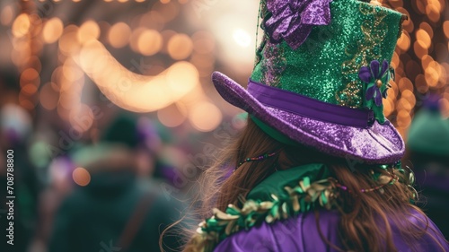 Close-up of a Mardi Gras hat with sparkling details and bokeh lights photo