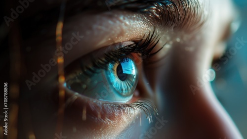 Macro shot of an eye with a blue iris and light reflection