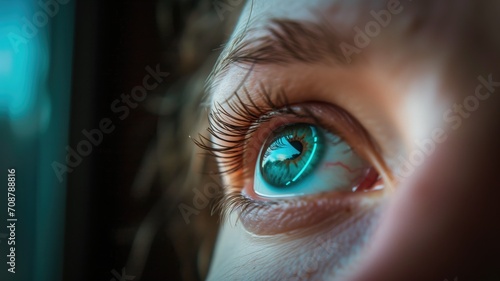 Close-up of a human eye with a vibrant blue contact lens