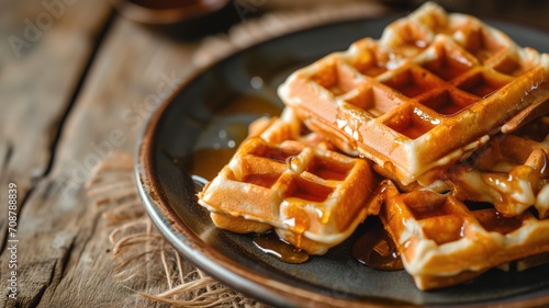 Stacked Belgian waffles drizzled with syrup on a plate