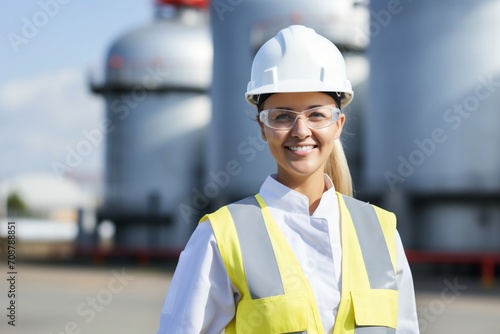 Portrait of a female engineer wearing a hard hat and safety glasses at an industrial facility