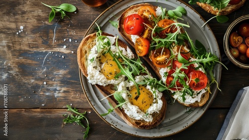 Toasted bread with poached eggs, tomatoes, and arugula