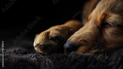 Close-up of a sleeping puppy's face and paws on a soft blanket