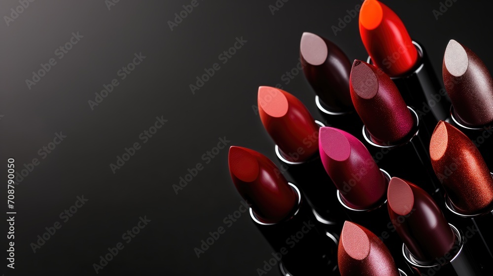 Various lipstick shades arranged on a dark, elegant background - obrazy, fototapety, plakaty 
