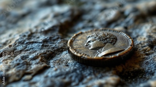 Historic coin on rocky surface, profile view