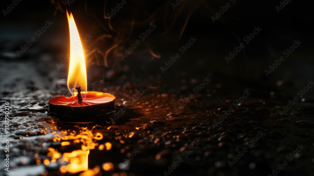 Close-up of a candle flame on a dark wet surface Close-up of a candle flame on a dark wet surface