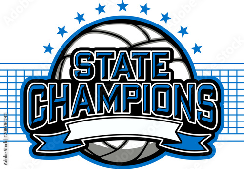 state champions in volleyball team design with ball and banner for school, college or league sports