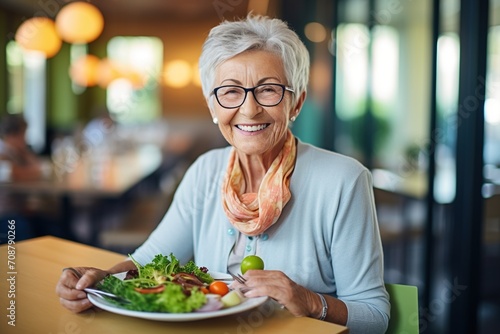 A happy senior woman eating a salad, photo