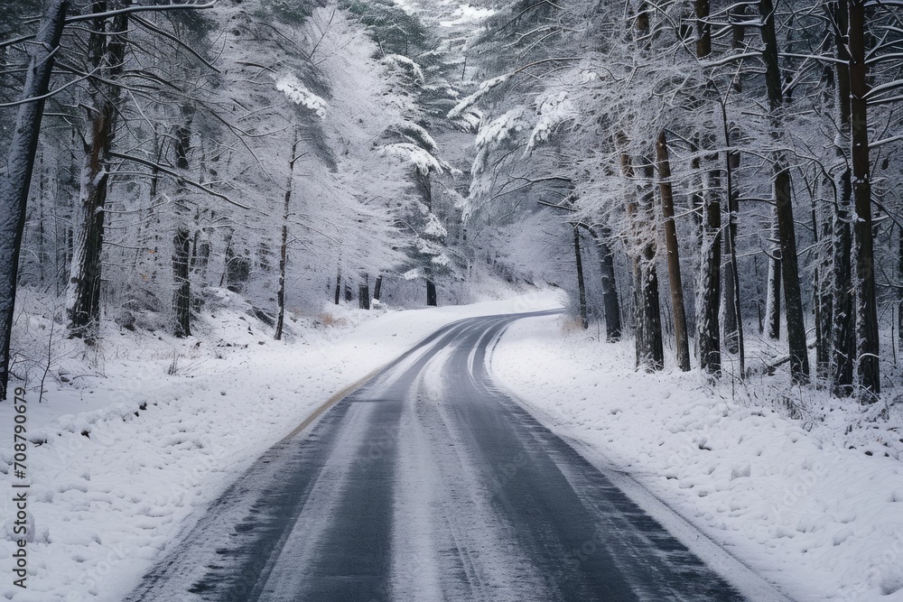 Fototapeta premium serene snowy road leading through enchanted winter landscape, Generative AI