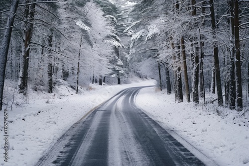  serene snowy road leading through enchanted winter landscape, Generative AI © Veronica