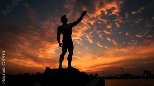 Majestic Statue Standing Arm Extended in Vibrant Sunset