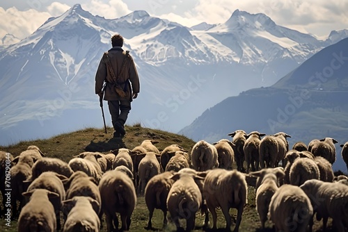 Shepherd Leading Flock of Sheep in Highland