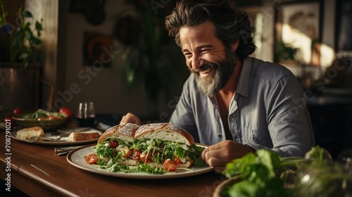 Bearded man laughing while holding a sandwich