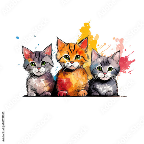 Cats. Wall sticker. Color, graphic portrait of three cute kittens on. Digital Vector Graphics. Individual layers, generative ai