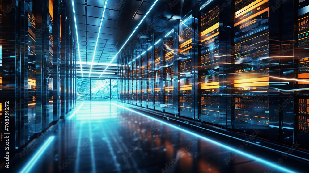 Obraz premium high tech supercomputer, data room, sci-fi, quantum computing , large corporate server room