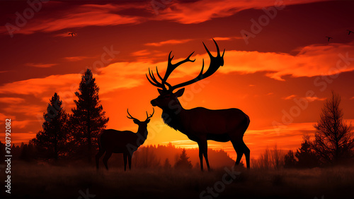 Silhouette of a red deer and a young deer at sunset