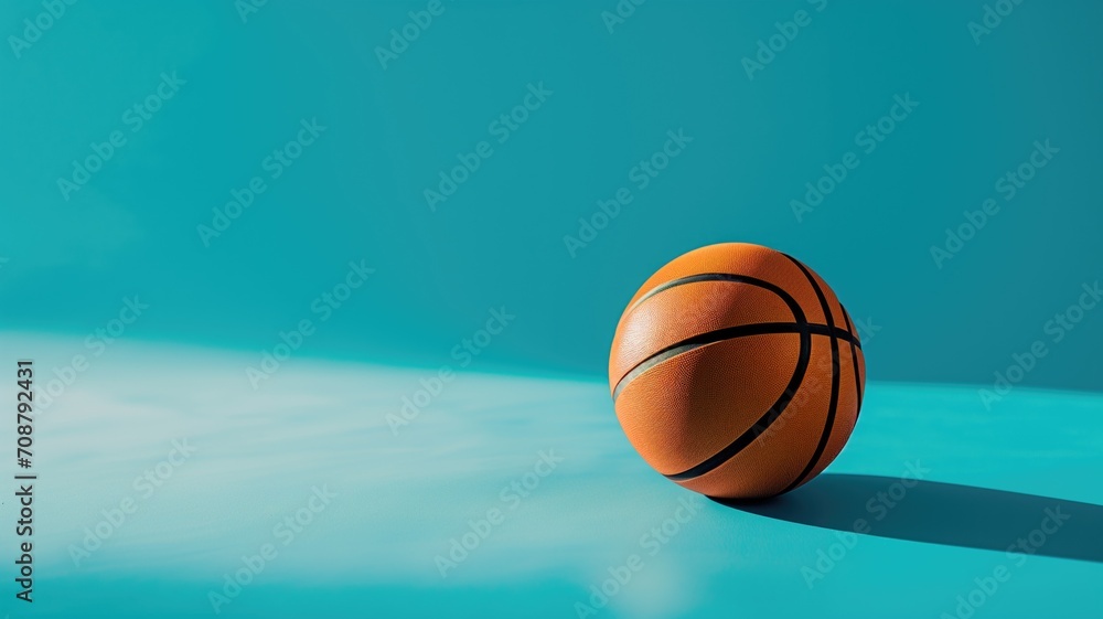 A single orange basketball on a blue background with strong shadow
