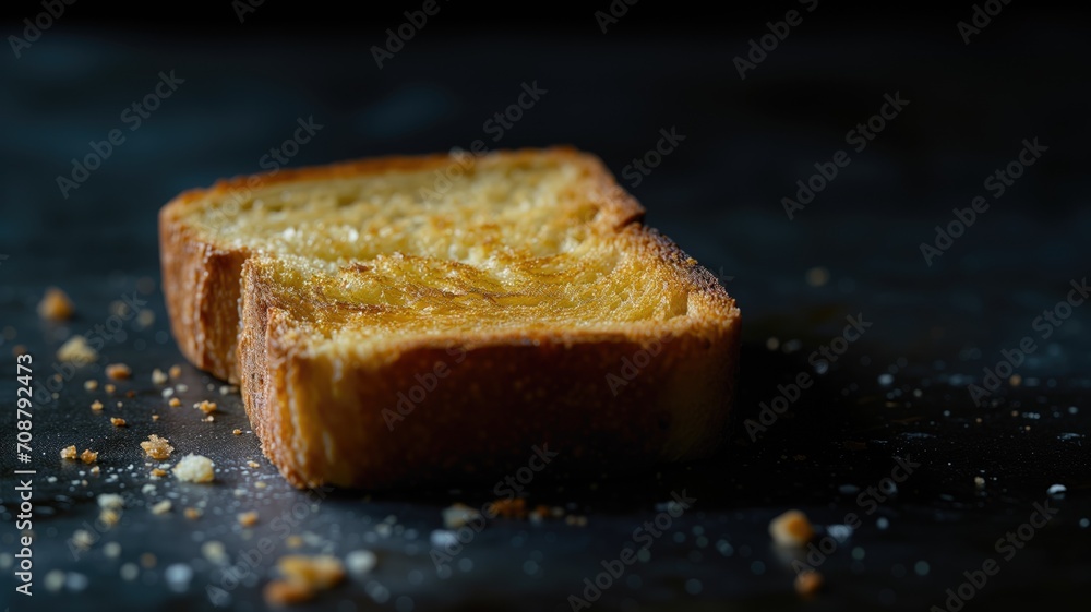 Crusty toasted bread with crumbs on a dark surface