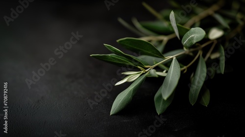 Fresh olive branch with leaves on a dark background