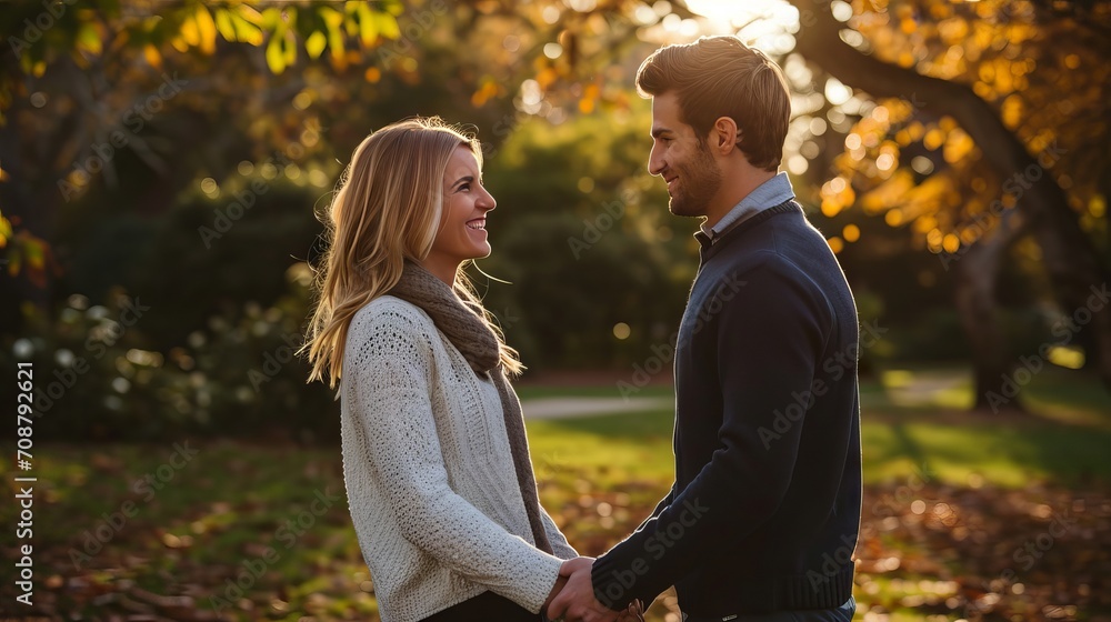 Fototapeta premium A couple meets in the park for Valentine's Day