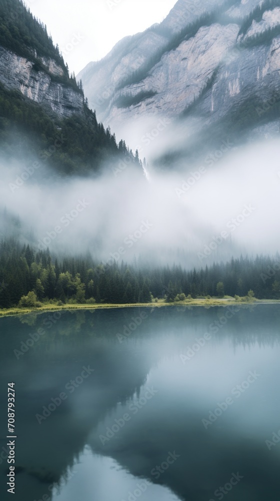 Misty mountain lake landscape with waterfall and forest