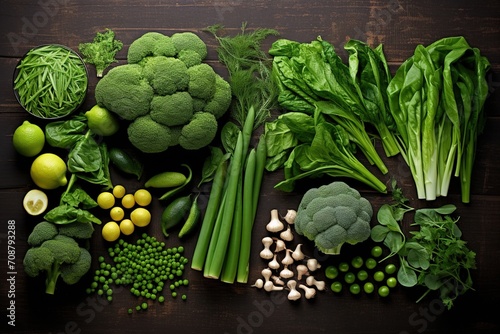Green vegetables and fruits on a wooden table photo
