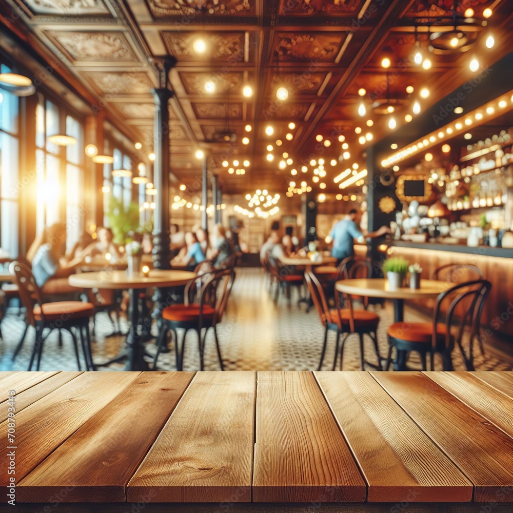 Wooden table blurred background of restaurant of cafe with bokeh. Flawless singles