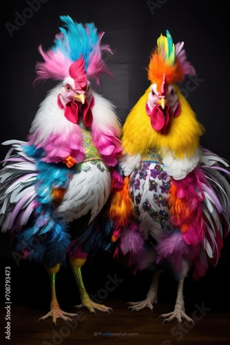 Two Colorful Roosters Standing Together © RajaSheheryar