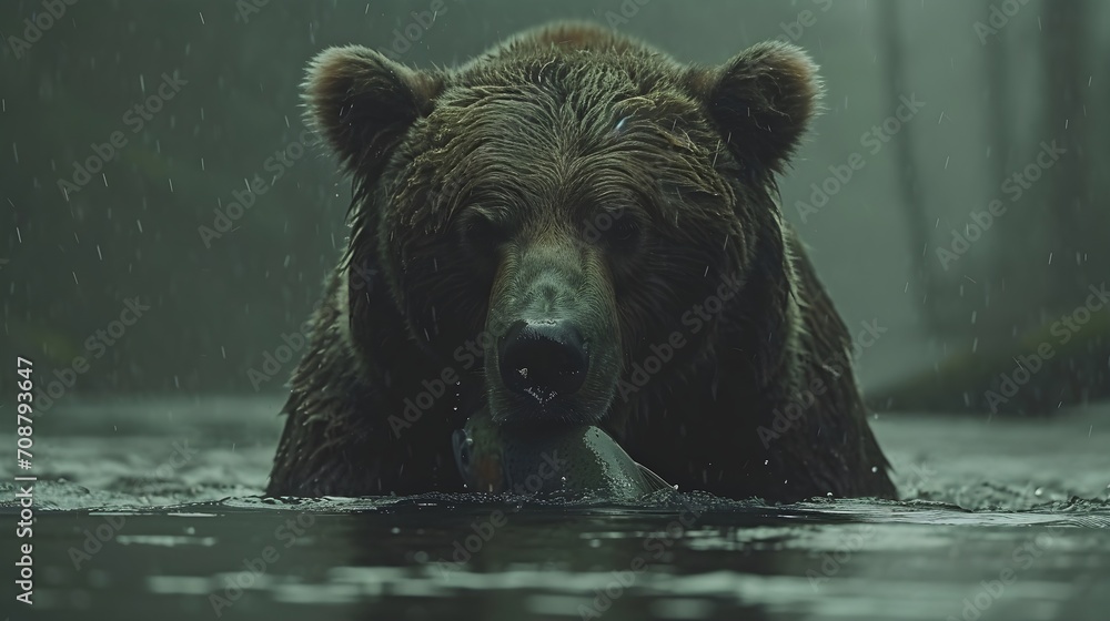 River's Catch: Low-Angle Shot of Bear Snatching Salmon in Wild Waters River's Catch: Low-Angle Shot of Bear Snatching Salmon in Wild Waters