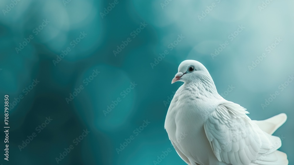 White dove poised gracefully against a bokeh blue background White dove poised gracefully against a bokeh blue background