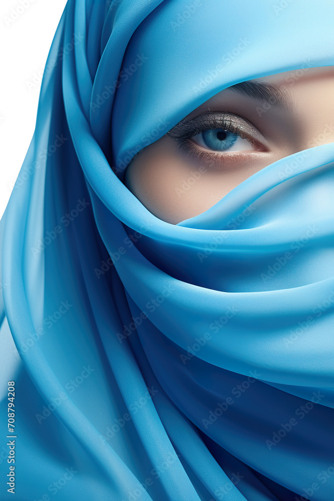 close-up photography of a Muslim woman in hijab with a blue color theme isolated on a transparent white background PNG close-up photography of a Muslim woman in hijab with a blue color theme isolated on a transparent white background PNG