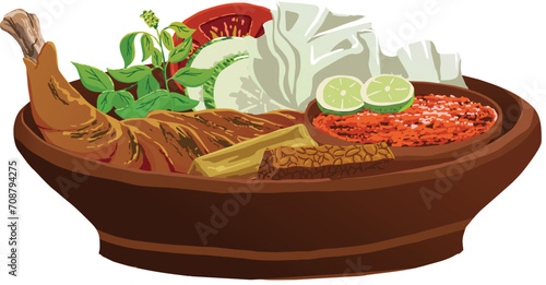 Indonesian food called lalapan with it's tempeh, tofu, chicken, vegetables and spicy chili sauce vector illustration photo