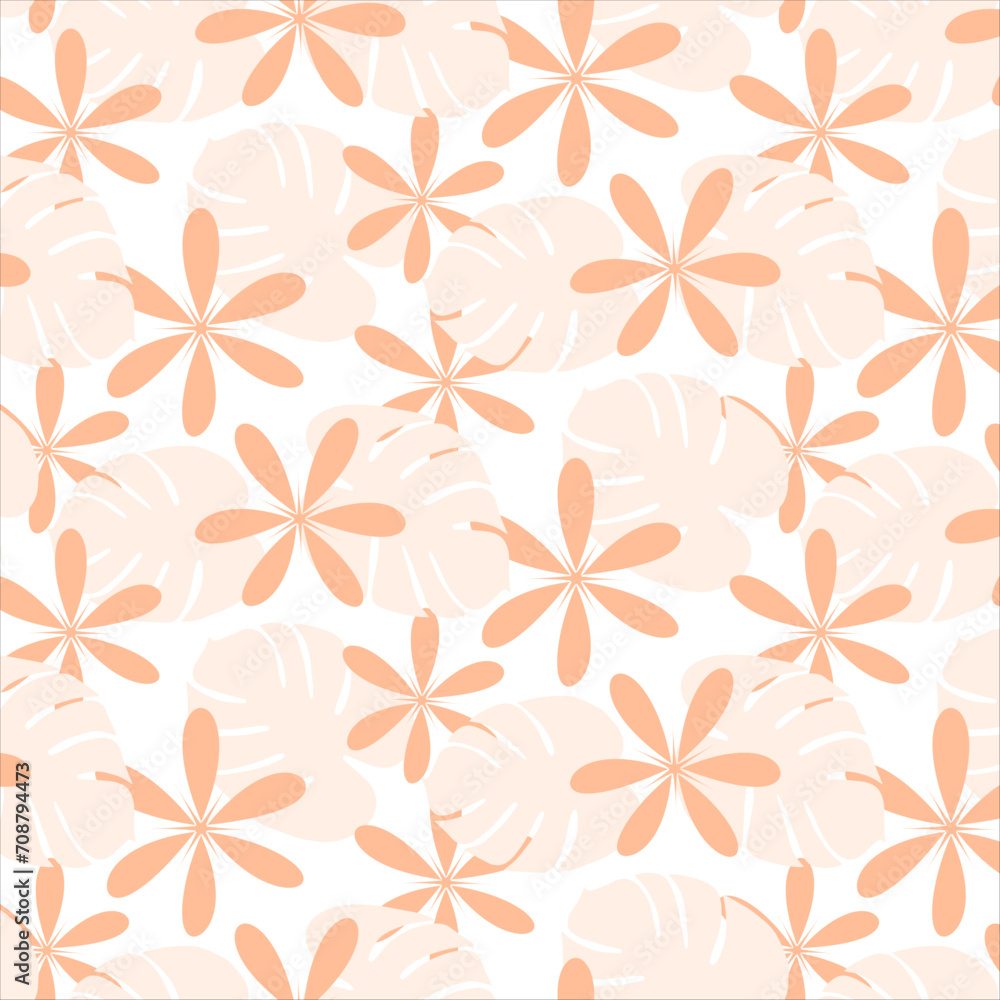 Seamless pattern of abstract flowers and monstera leaves in trendy monochrome Peach Fuzz shades