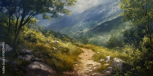 painting of a sunny mountain path through the valley, generative AI © VALUEINVESTOR