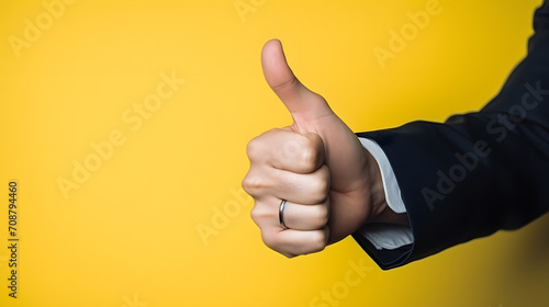 Businessman hand thumb up from yellow punched paper for client the best satisfaction evaluation survey after use product and service concept.