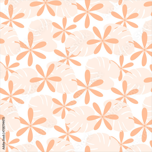 Seamless pattern of abstract flowers and monstera leaves in trendy monochrome Peach Fuzz shades