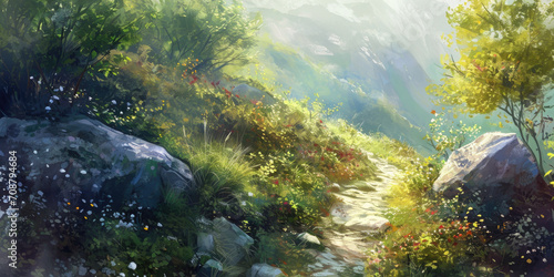 painting of a sunny mountain path through the valley, generative AI