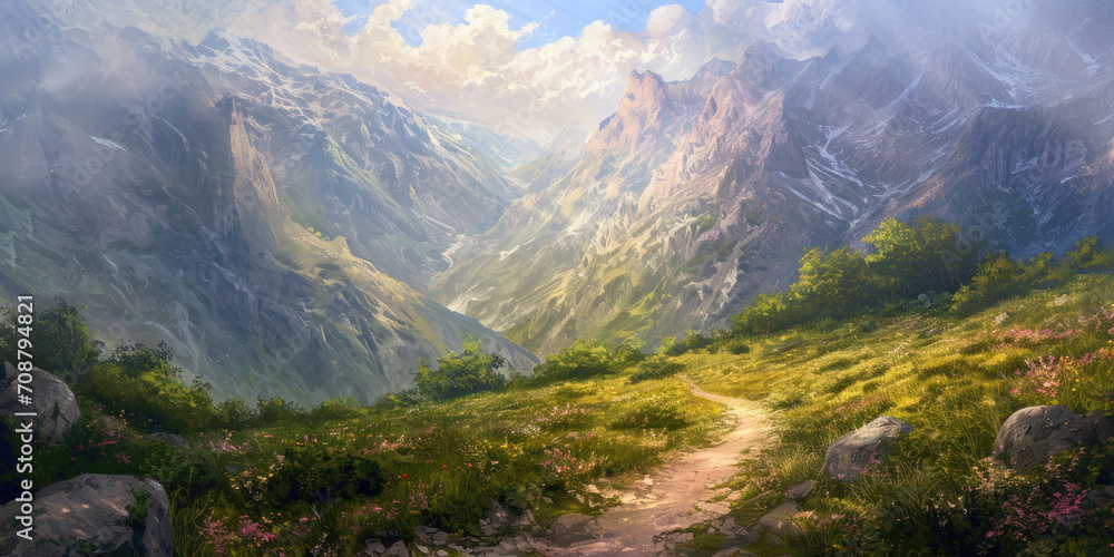 Fototapeta premium painting of a sunny mountain path through the valley, generative AI