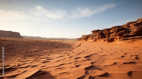 Stunning red sand desert landscape with rocky cliff formations