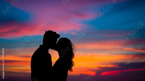 Silhouette of a couple sharing a kiss against a colorful sunset valentine's day 