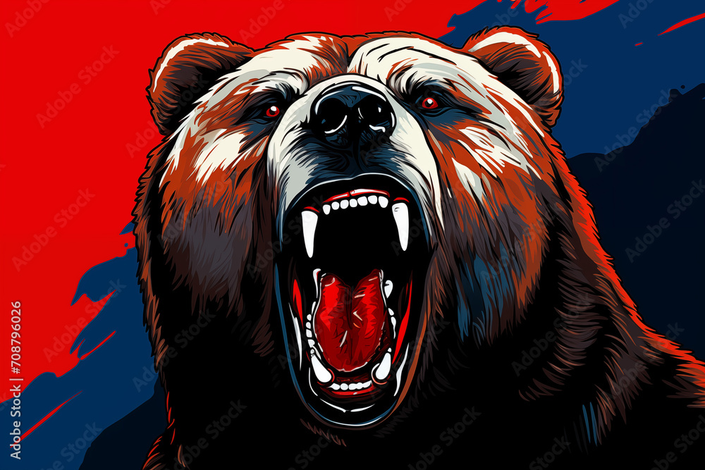 Illustrated Grizzly Bear Roaring with Mouth Open and Showing Teeth generative ai - obrazy, fototapety, plakaty 