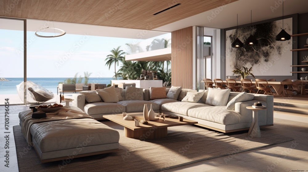 Modern elegant scandinavian inspired interior design of living room with soft color palettes 