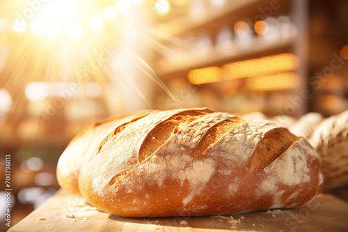 fresh bread with golden crust on store shelves, sunlight