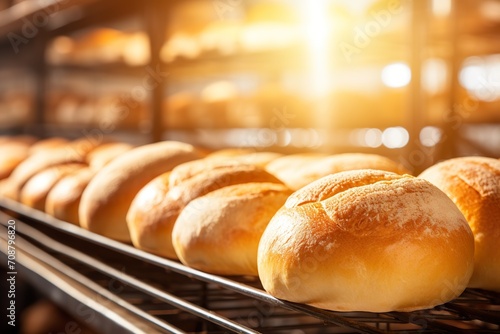 fresh bread with golden crust on store shelves, sunlight