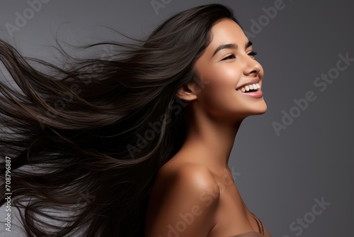 closeup photo portrait of a beautiful young Asian model woman shaking her beautiful hair in motion. ad for shampoo conditioner hair products