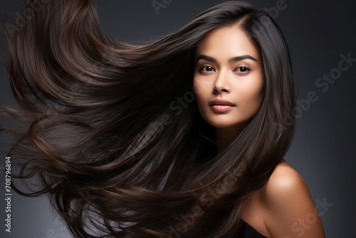 closeup photo portrait of a beautiful young Asian model woman shaking her beautiful hair in motion. ad for shampoo conditioner hair products