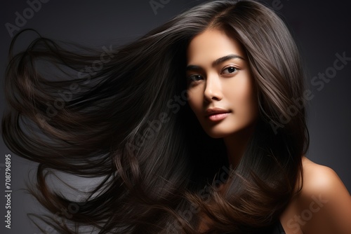 closeup photo portrait of a beautiful young Asian model woman shaking her beautiful hair in motion. ad for shampoo conditioner hair products