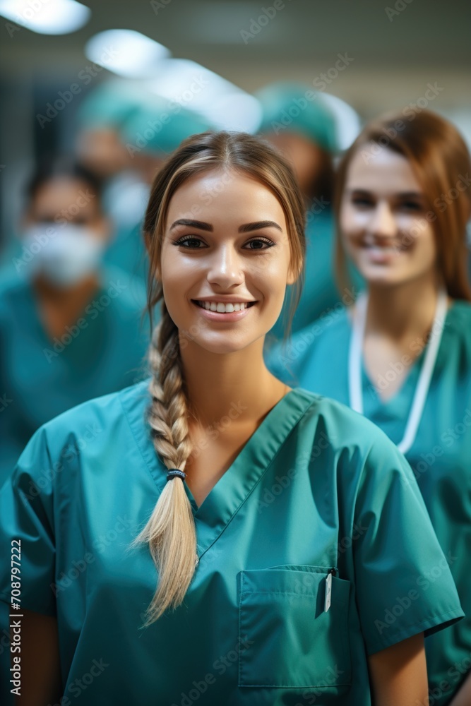 Portrait of a Confident Female Doctor with Colleagues in the Background Portrait of a Confident Female Doctor with Colleagues in the Background