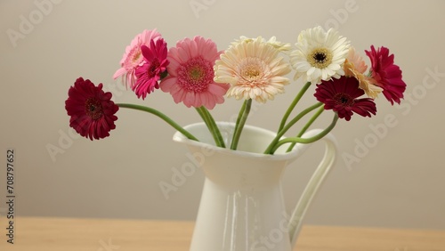 Wallpaper Mural Jug with beautiful gerbera flowers on wooden table Torontodigital.ca